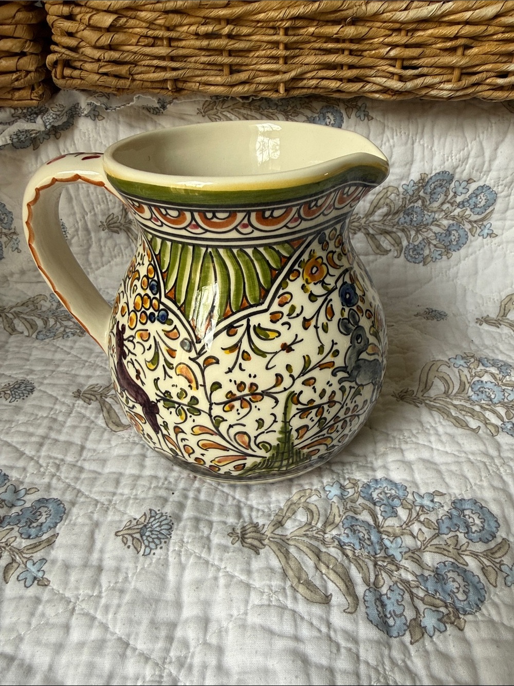 Portuguese Hand-Painted Ceramic Pitcher in Green and Multicolor